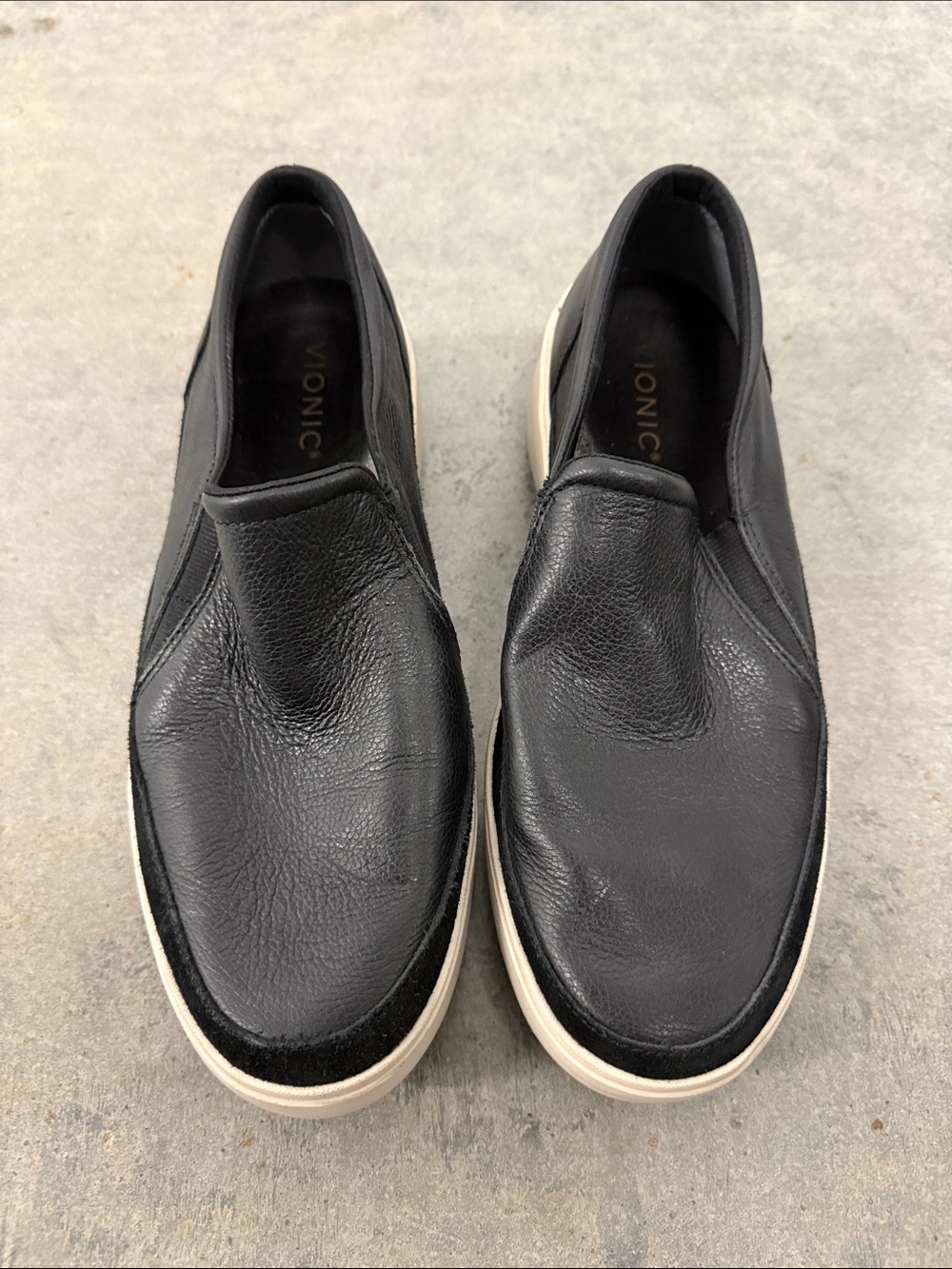 Vionic Black Leather Slip-On Loafers with White Sole